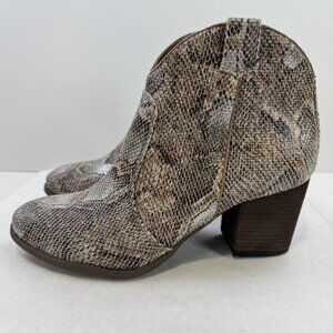 Very G Womens Size 11 Tan Snakeskin Hijack Ankle Booties Zip High Block Heels